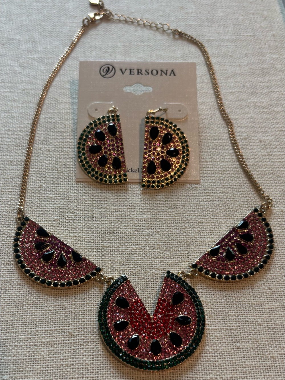 Versona Watermelon Rhinestone Statement Necklace & Earrings Set Gold Tone